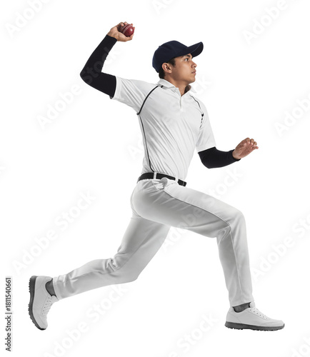 Fast bowler in white uniform leaping to deliver the ball on isolated background