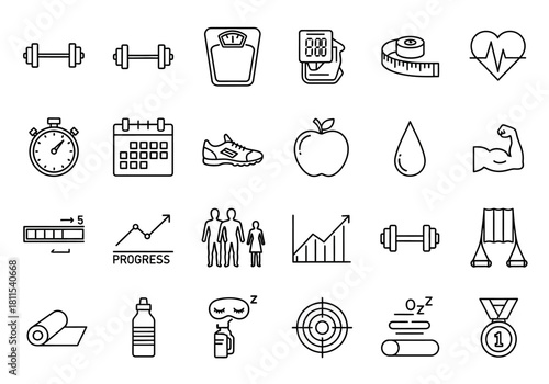 Vector icon set of health and fitness symbols for a healthy lifestyle. Outline graphics for gym workouts, diet, and progress tracking concepts