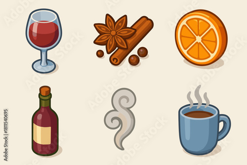Cozy beverage icons with wine glass, spices, orange, bottle, steam, and coffee