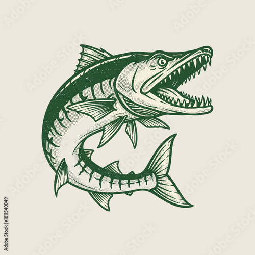 Vintage Barracuda Fish Mascot.Retro Pike Fish Engraving.Aggressive Predator Illustration.Fishing Sport Logo Design.Distressed Vector Marine Art