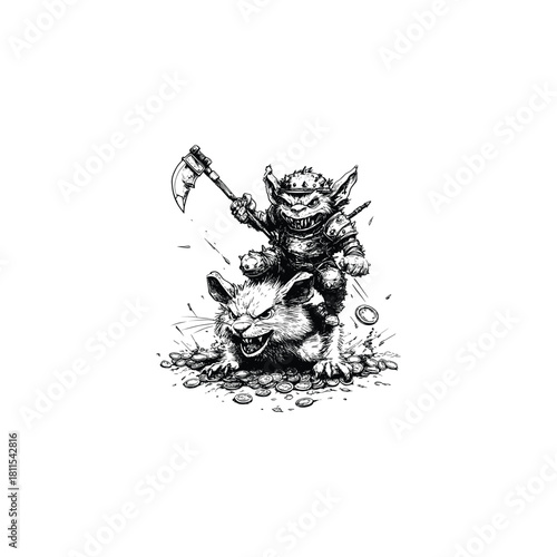 Aggressive fantasy illustration of a goblin or gnome warrior, fully armored and wielding an axe, fiercely riding a giant rat over a pile of gold coins