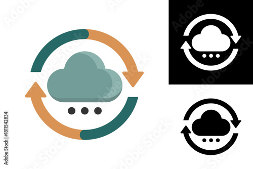 Modern flat design graphic icon depicting cloud data synchronization and digital refresh with circular arrows, symbolizing continuous updates and seamless digital connectivity