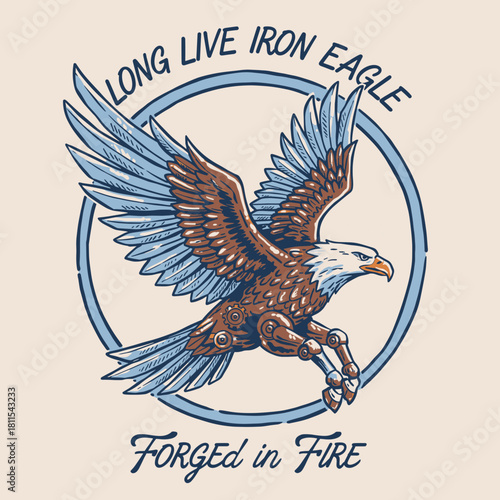 Iron Eagle Steampunk Badge.Vintage Mechanical Eagle Logo.Retro Steampunk Bird Design.Flying Iron Mascot Graphic.Wild Cyberpunk Raptor Emblem