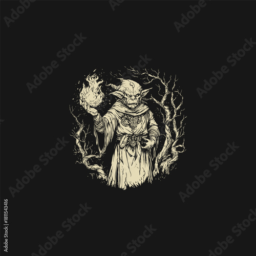 Dark fantasy illustration in a vintage engraving style featuring an evil sorcerer, shaman, or warlock creature holding a mystical fire orb, surrounded by dead trees in a spooky forest