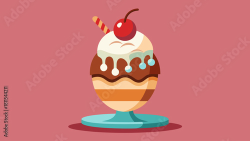A cartoon drawing of a chocolate ice cream sundae with a cherry on top. The ice cream is piled high and has a lot of toppings, including whipped cream and sprinkles