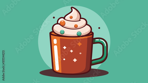 A cup of hot chocolate with whipped cream on top. The whipped cream is sprinkled with colorful candies