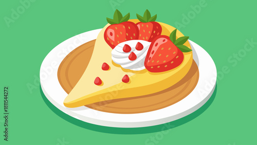 A slice of strawberry cheesecake with whipped cream on top. The plate is white and the background is green