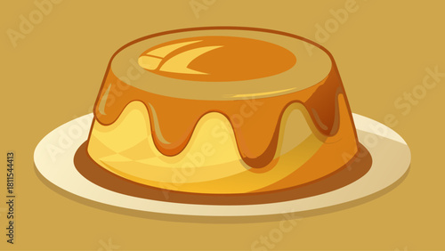 A yellow cake with a caramel drizzle sits on a white plate. The cake is decorated with a caramel glaze and looks delicious