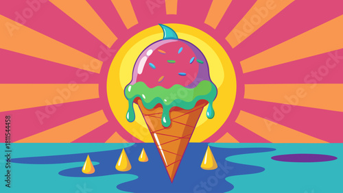 A cartoon drawing of a green and pink ice cream cone with a blue and yellow sun in the background