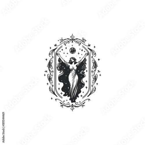 Mystical vintage illustration featuring a goddess figure with arms raised toward a full moon and stars, framed by ornamental vines