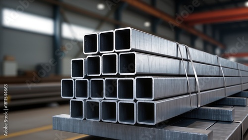 Close-up of stacked steel square tubes with clean cut edges against a softly blurred industrial warehouse background, highlighting metal rolling products and modern fabrication quality