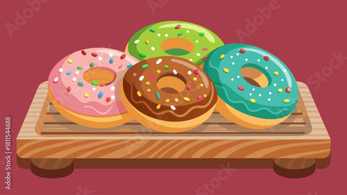 A wooden board with four donuts on it. The donuts are of different colors and have sprinkles on them