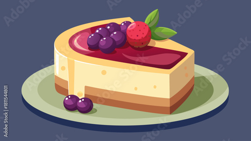 A slice of cheesecake with blueberries and strawberries on top. The blueberries are scattered around the cake and the strawberries are placed on top of the blueberries