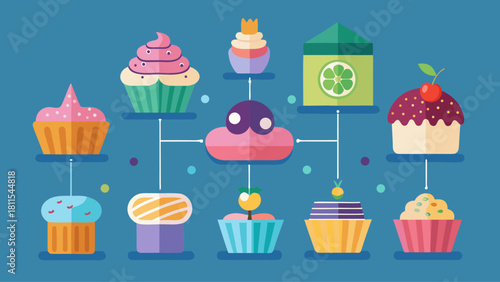 A colorful image of various types of cupcakes arranged in a tree-like structure. Concept of fun and creativity, as well as the idea of a bakery or a dessert-themed event