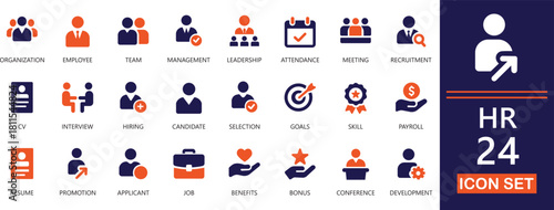 Minimal HR icon set featuring recruitment, management, teamwork, performance, employee workflow, and organizational development elements.