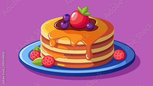 A stack of pancakes with syrup and berries on top. The plate is blue and the background is purple