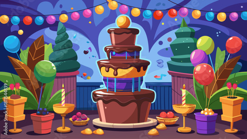 A party scene with a large chocolate cake in the center. There are many balloons and decorations, including a few potted plants. Scene is festive and celebratory