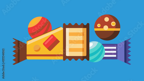 A blue background with a bunch of candy and snacks. The candy is in various shapes and sizes, and the snacks are in different colors. Concept of abundance and variety, with a playful and fun vibe