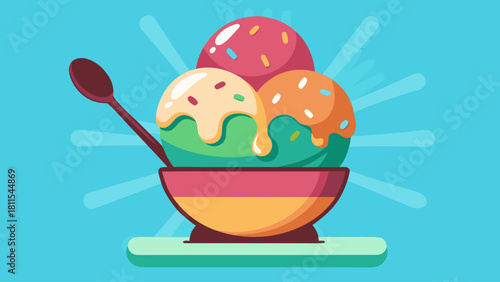 A bowl of ice cream with a spoon in it. The bowl is filled with three different flavors of ice cream, and the spoon is resting on top of the ice cream. Concept of indulgence and enjoyment