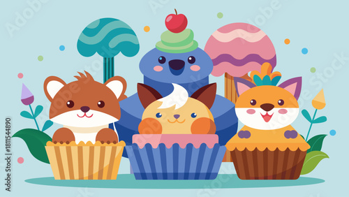 A group of cute cartoon animals are sitting in cupcakes. The cupcakes are in different colors and flavors, and the animals are all smiling. The scene is playful and whimsical, and it seems like a fun