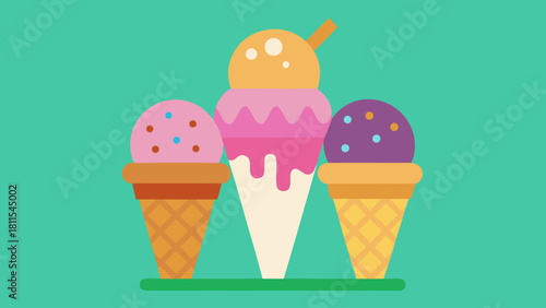 Three ice cream cones with different flavors and toppings. The image has a fun and playful mood, as it shows a variety of ice cream flavors and toppings in a colorful and creative way
