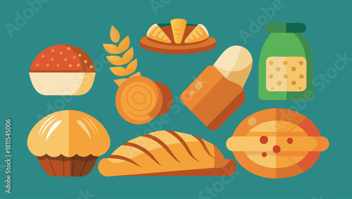 A blue background with a variety of baked goods such as bread, muffins, and pastries