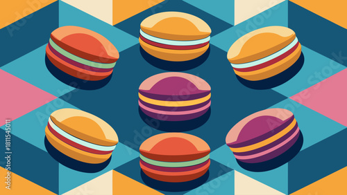 A colorful array of pastries, including macarons and sandwiches, are arranged in a pattern on a blue and pink background