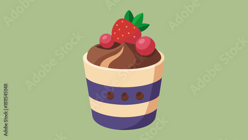 A cupcake with chocolate frosting and strawberries on top. The cupcake is placed on a green background