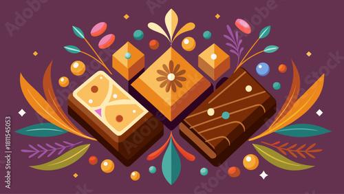 A colorful drawing of a dessert table with a variety of sweets including a chocolate cake, a cookie, and a brownie