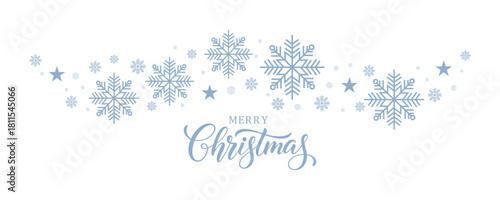 Vibrant Christmas vector banner featuring blue "Merry Christmas" script calligraphy centered below a decorative curving border of large blue snowflakes and stars, all set on a white background.