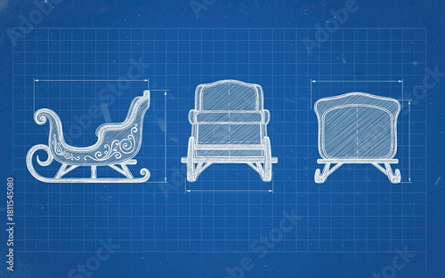 Technical blueprint drawing of santas sleigh, technical engineering schematic on blue background