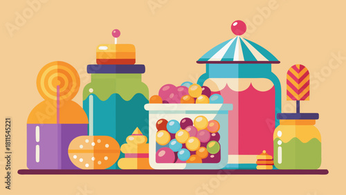 A colorful assortment of candy and sweets are displayed on a shelf. The candy includes jelly beans, lollipops, and other treats. Concept of fun and indulgence