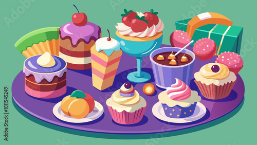 A tray of assorted desserts including cupcakes, cakes, and pastries. The tray is set on a green table