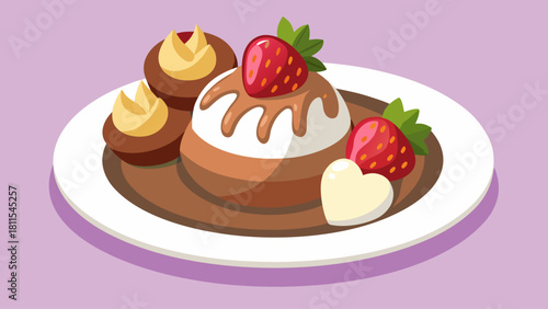 A white plate with a delicious dessert on it. The dessert is a cake with a strawberry on top and a heart-shaped piece of cake. The plate is placed on a purple background