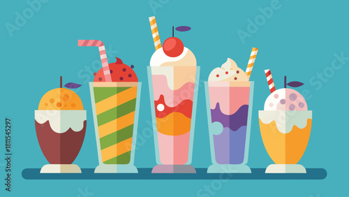 A row of colorful drinks with straws in them. The drinks are in glasses and are arranged in a row