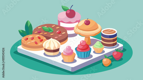 A plate of assorted desserts including cakes, cupcakes, and cookies. The desserts are arranged on a white plate and are surrounded by fruit. Concept of indulgence and enjoyment