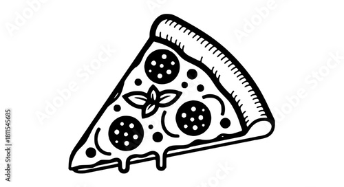 Delicious pepperoni pizza slice with basil, tempting food illustration for menu design