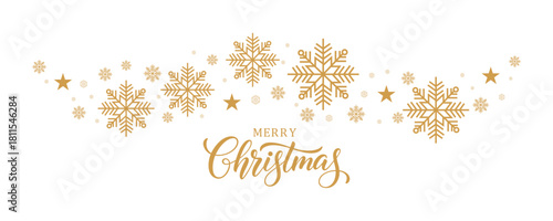 Elegant Christmas vector banner featuring golden "Merry Christmas" script calligraphy centered below a decorative curving border of large gold snowflakes and stars, all set on a pure white background.