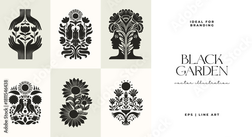 Black Garden – abstract botanical poster collection with stylized human and floral motifs in linocut-inspired symmetrical compositions