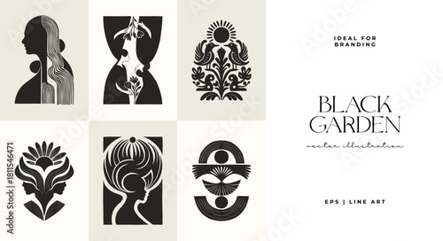 Black Garden – abstract botanical poster collection with stylized human and floral motifs in linocut-inspired symmetrical compositions