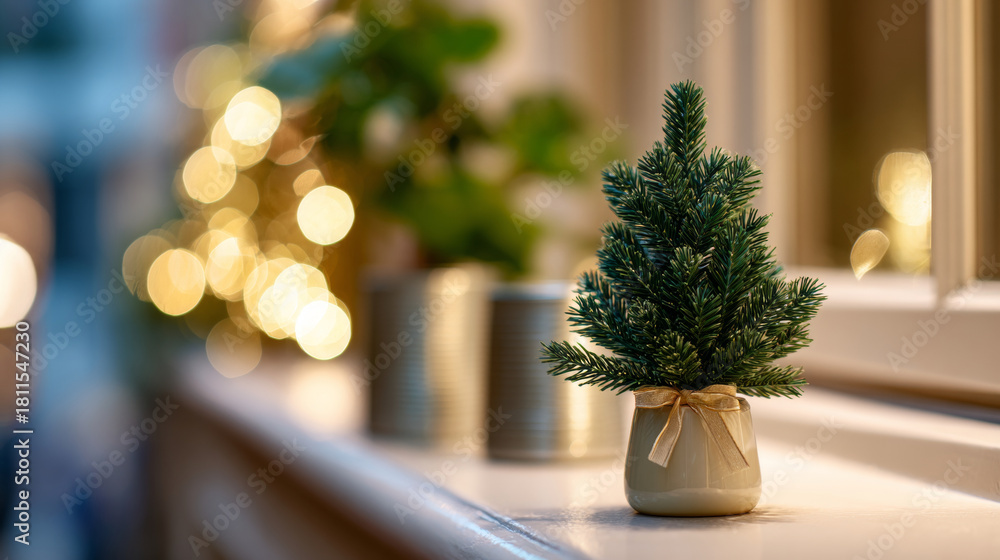 Fototapeta premium Small artificial Christmas tree in a decorative pot with a bow on a windowsill with blurred festive lights in the background