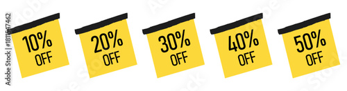 Discount Sale Stickers Set — 10% 20% 30% 40% 50% Off Yellow Labels Vector