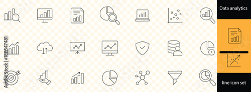 Data analytics line icon set. database, statistics, analytics, server, monitoring, computing, network and more. Vector illustration