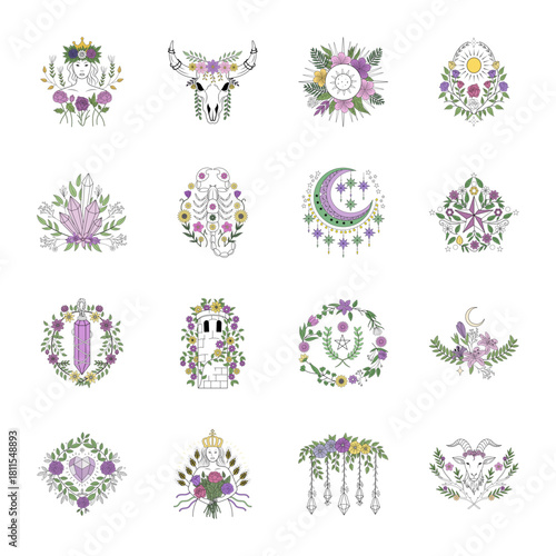 Pack of Celestial and Floral Vintage Style Illustrations 

