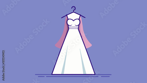 A beautiful white dress with a pink scarf draped over the back is hanging on a hanger. The dress is elegant and sophisticated, perfect for a special occasion. The pink scarf adds a touch of color