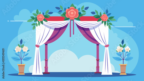 A wedding tent with white and red curtains and flowers. The tent is set up in a garden with potted plants
