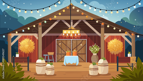 A rustic barn with a red roof and wooden beams. The barn is lit up with lights and has a cozy atmosphere