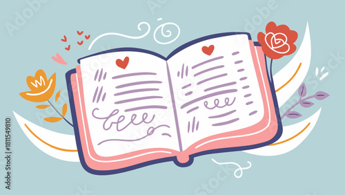 A book with flowers and hearts on the cover. The book is open to a page with a heart on it