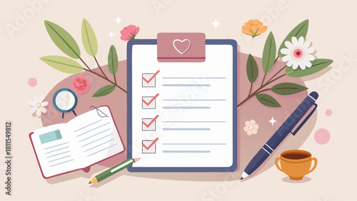 A check list is on a table with a pen and a cup. The check list is for a project and the pen is for writing