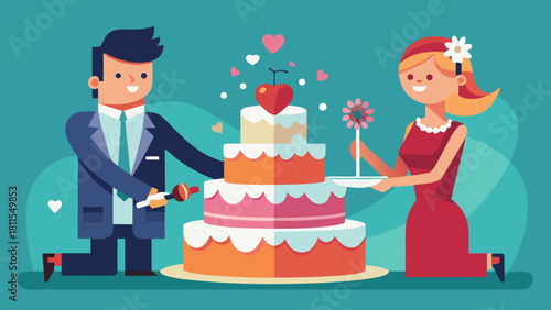 A man and woman are cutting a wedding cake together. The man is kneeling down while the woman is standing